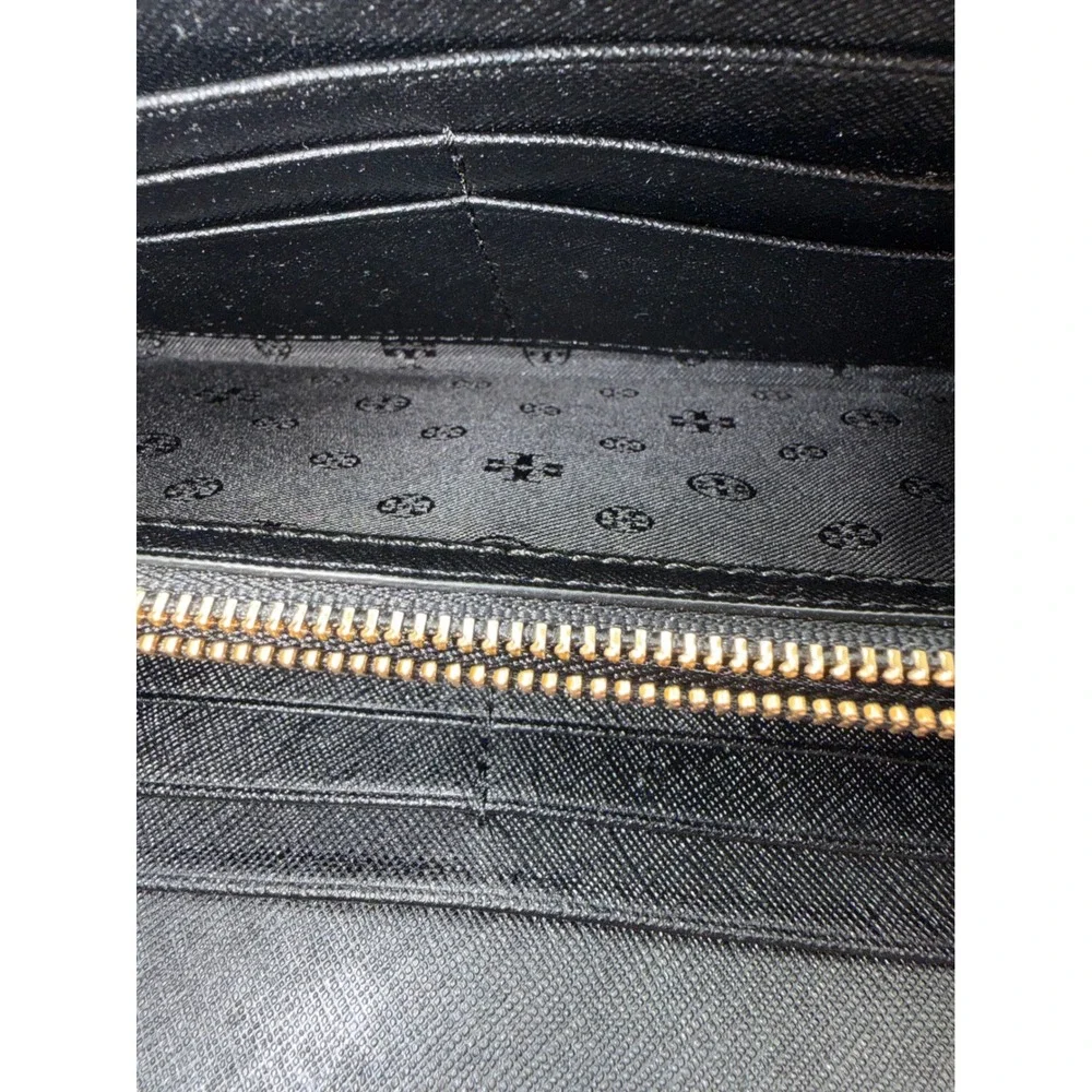 Tory Burch Black Saffiano Leather Perforated Zip Around Continental Wallet